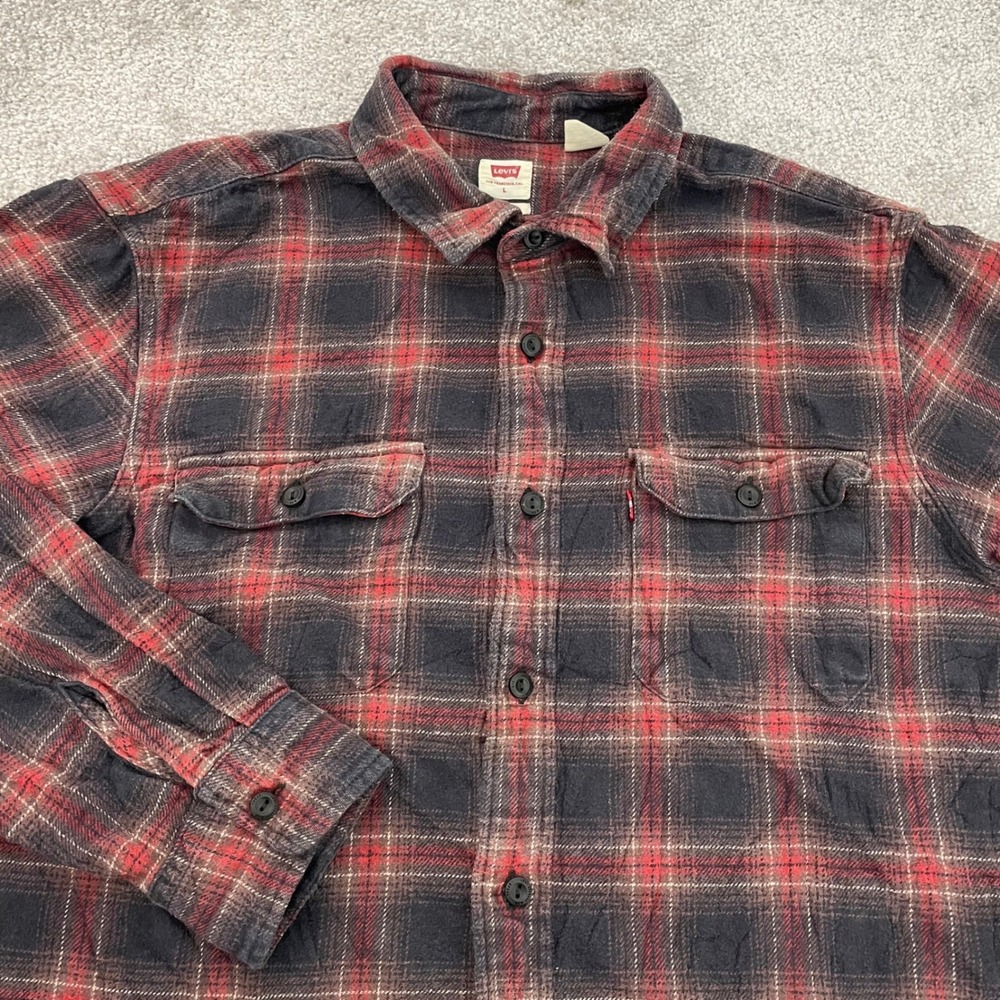 Levis Flannel Shirt Mens Large Relaxed Red Black Plaid Long Sleeve Button Down